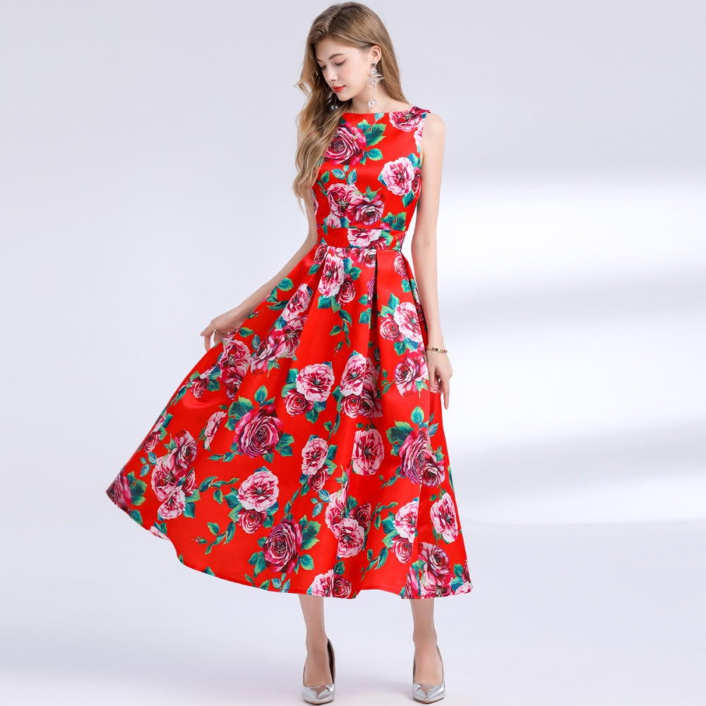CM-DY048391 Women Elegant European Style Round Neck Sleeveless Pinched Waist Floral Print A-Line Dress