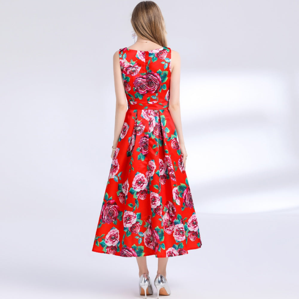 CM-DY048391 Women Elegant European Style Round Neck Sleeveless Pinched Waist Floral Print A-Line Dress