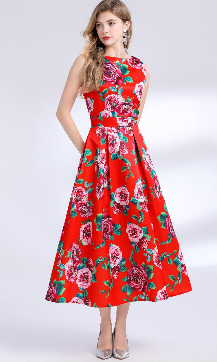 CM-DY048391 Women Elegant European Style Round Neck Sleeveless Pinched Waist Floral Print A-Line Dress