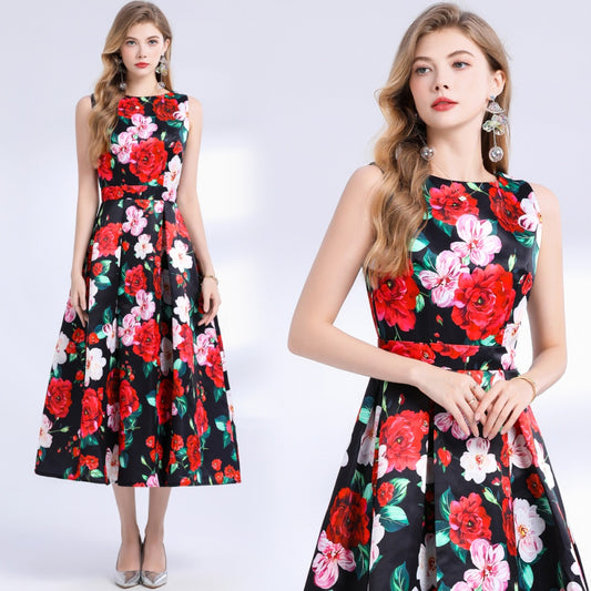 CM-DY048392 Women Elegant European Style Round Neck Sleeveless Pinched Waist Floral Print A-Line Dress