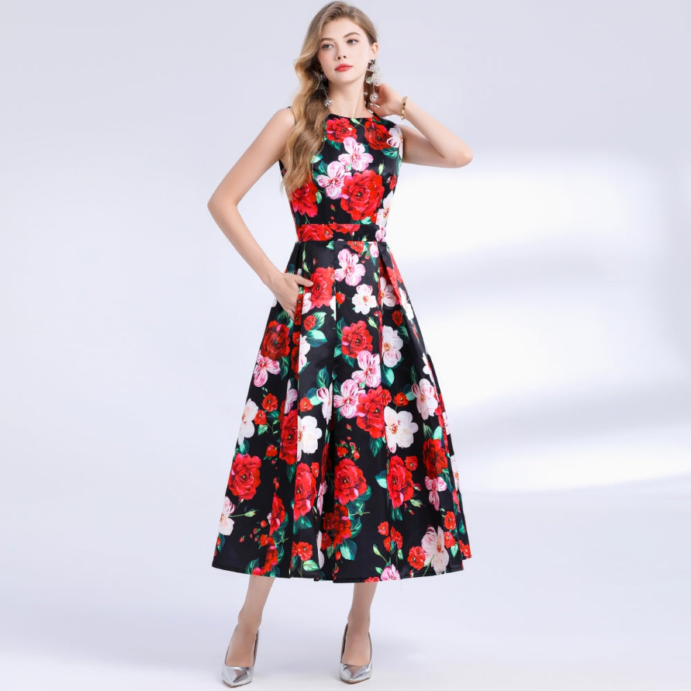 CM-DY048392 Women Elegant European Style Round Neck Sleeveless Pinched Waist Floral Print A-Line Dress