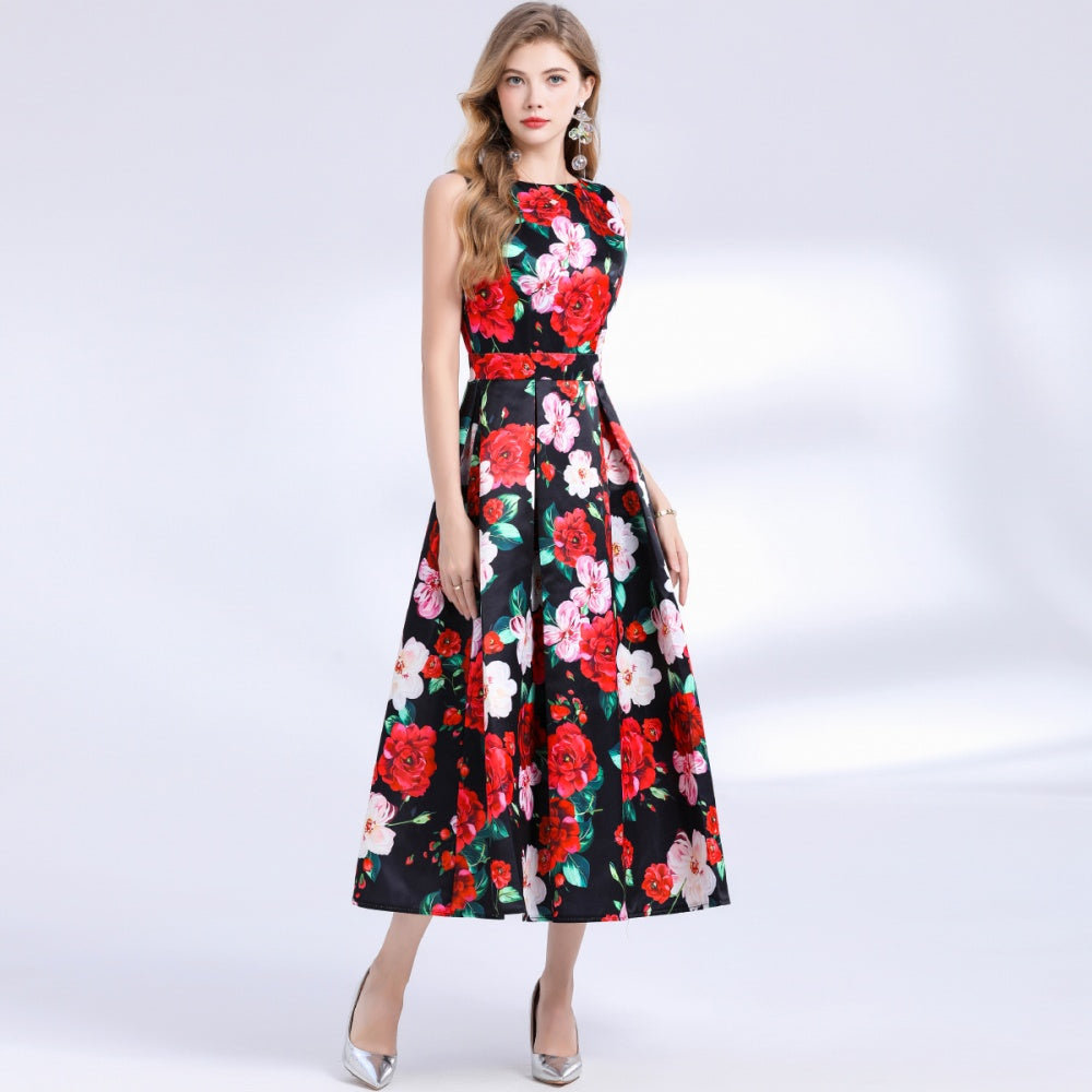 CM-DY048392 Women Elegant European Style Round Neck Sleeveless Pinched Waist Floral Print A-Line Dress