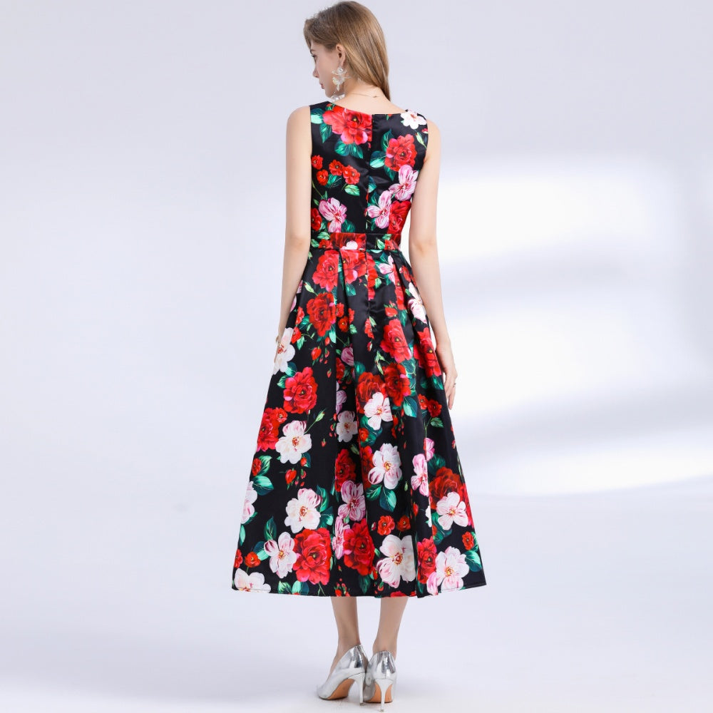 CM-DY048392 Women Elegant European Style Round Neck Sleeveless Pinched Waist Floral Print A-Line Dress