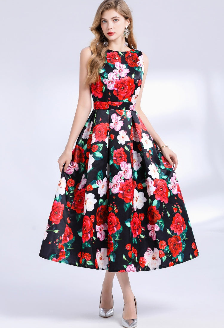 CM-DY048392 Women Elegant European Style Round Neck Sleeveless Pinched Waist Floral Print A-Line Dress