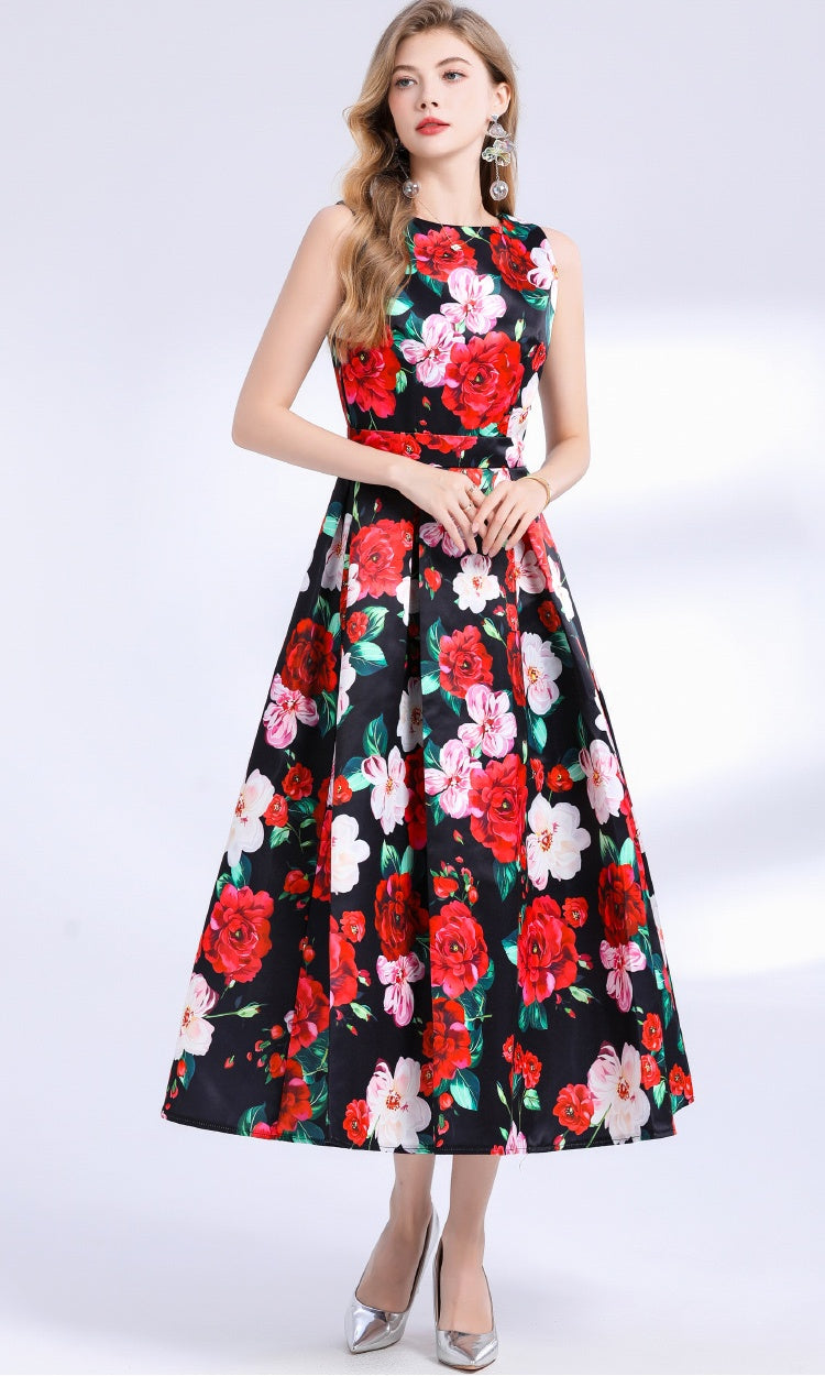 CM-DY048392 Women Elegant European Style Round Neck Sleeveless Pinched Waist Floral Print A-Line Dress