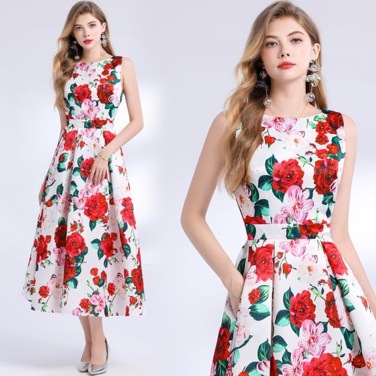 CM-DY048393 Women Elegant European Style Round Neck Sleeveless Pinched Waist Floral Print A-Line Dress