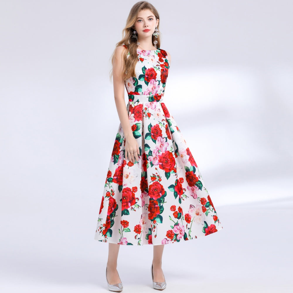 CM-DY048393 Women Elegant European Style Round Neck Sleeveless Pinched Waist Floral Print A-Line Dress