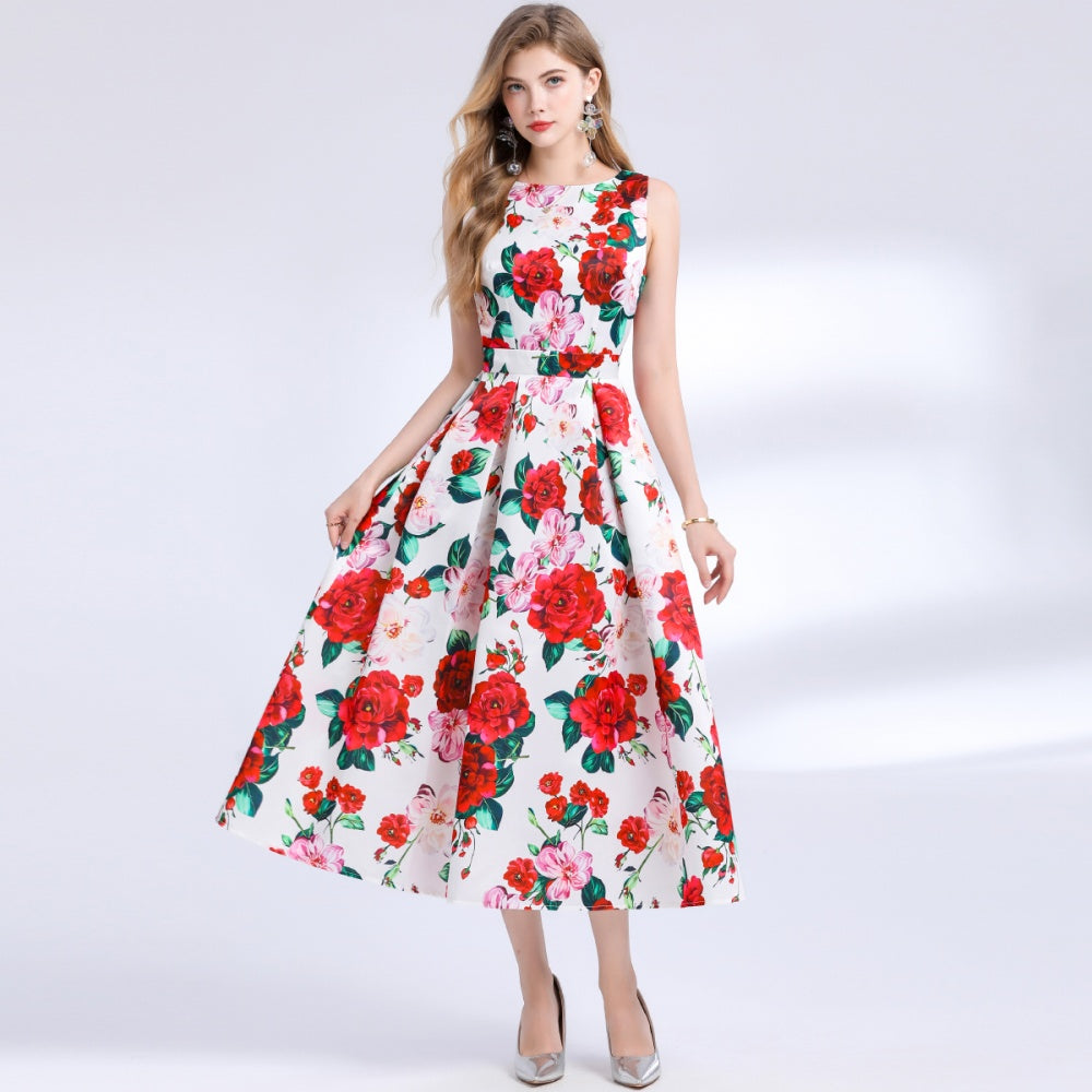 CM-DY048393 Women Elegant European Style Round Neck Sleeveless Pinched Waist Floral Print A-Line Dress