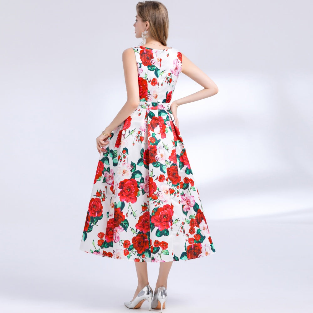 CM-DY048393 Women Elegant European Style Round Neck Sleeveless Pinched Waist Floral Print A-Line Dress
