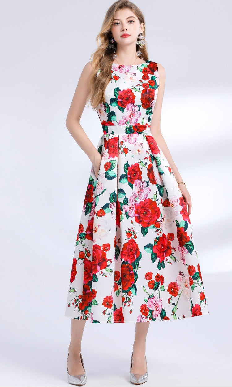 CM-DY048393 Women Elegant European Style Round Neck Sleeveless Pinched Waist Floral Print A-Line Dress