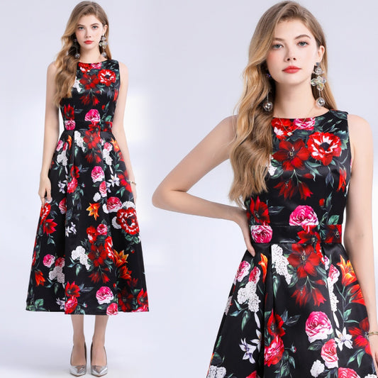 CM-DY048394 Women Elegant European Style Round Neck Sleeveless Pinched Waist Floral Print A-Line Dress