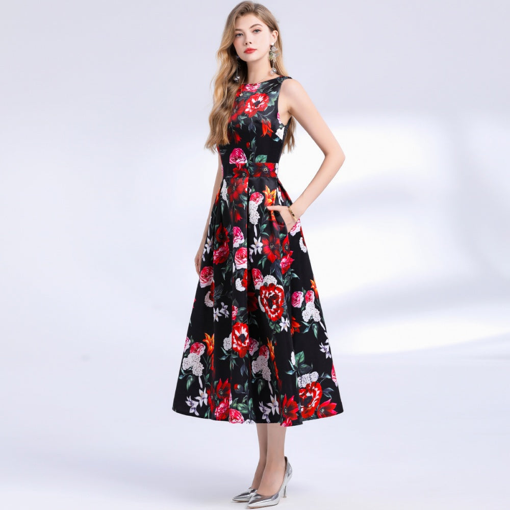 CM-DY048394 Women Elegant European Style Round Neck Sleeveless Pinched Waist Floral Print A-Line Dress