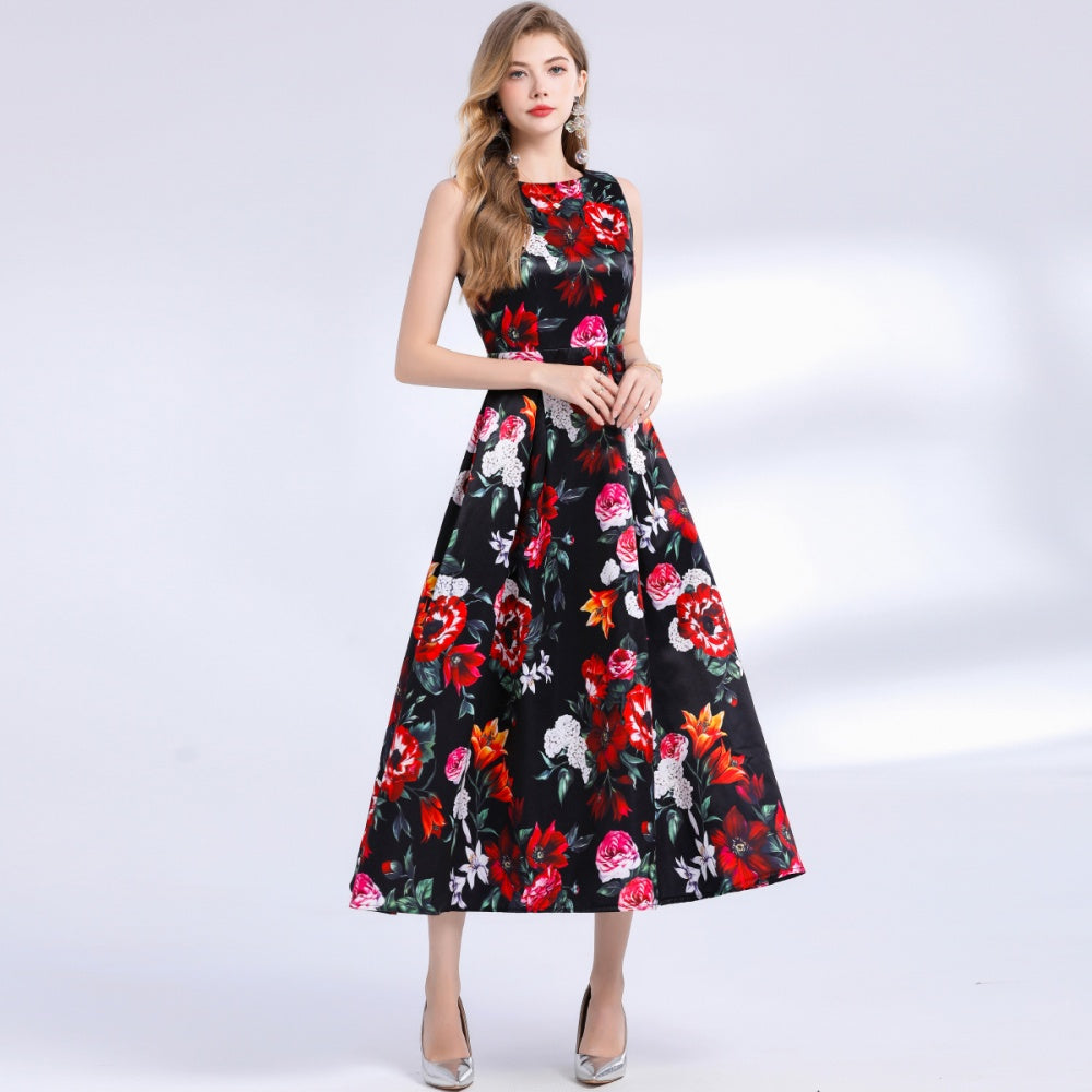 CM-DY048394 Women Elegant European Style Round Neck Sleeveless Pinched Waist Floral Print A-Line Dress