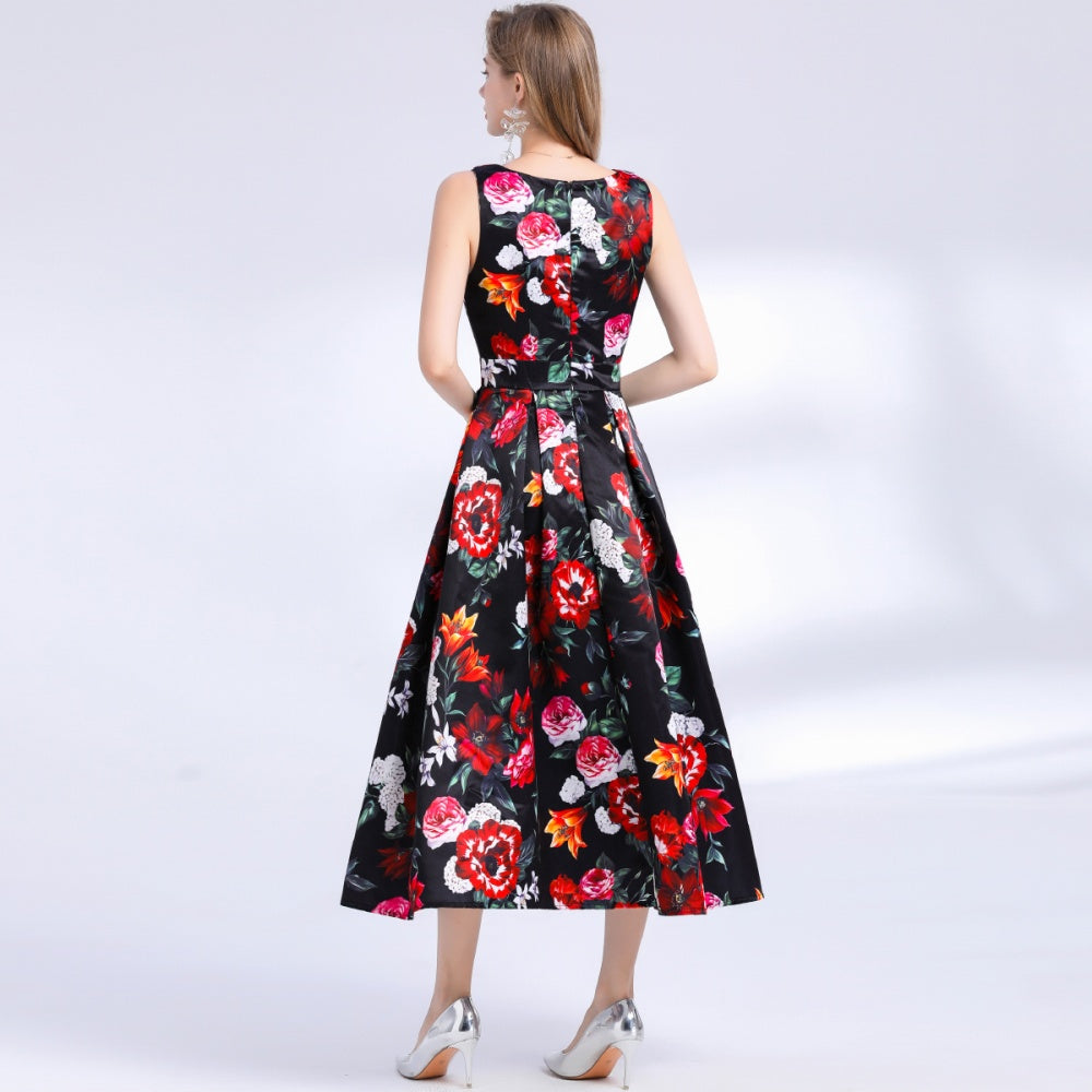 CM-DY048394 Women Elegant European Style Round Neck Sleeveless Pinched Waist Floral Print A-Line Dress