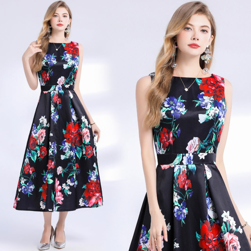 CM-DY048395 Women Elegant European Style Round Neck Sleeveless Pinched Waist Floral Print A-Line Dress