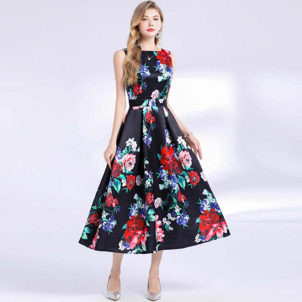 CM-DY048395 Women Elegant European Style Round Neck Sleeveless Pinched Waist Floral Print A-Line Dress