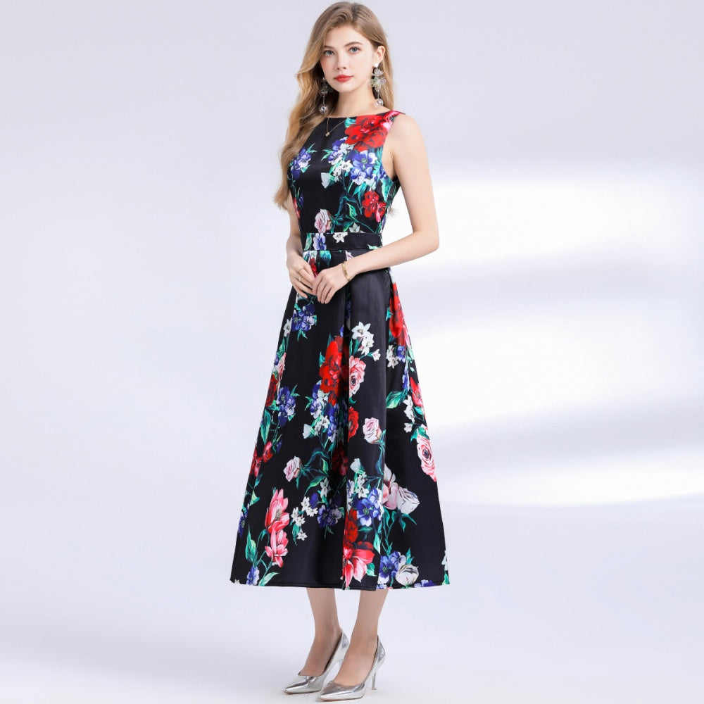 CM-DY048395 Women Elegant European Style Round Neck Sleeveless Pinched Waist Floral Print A-Line Dress