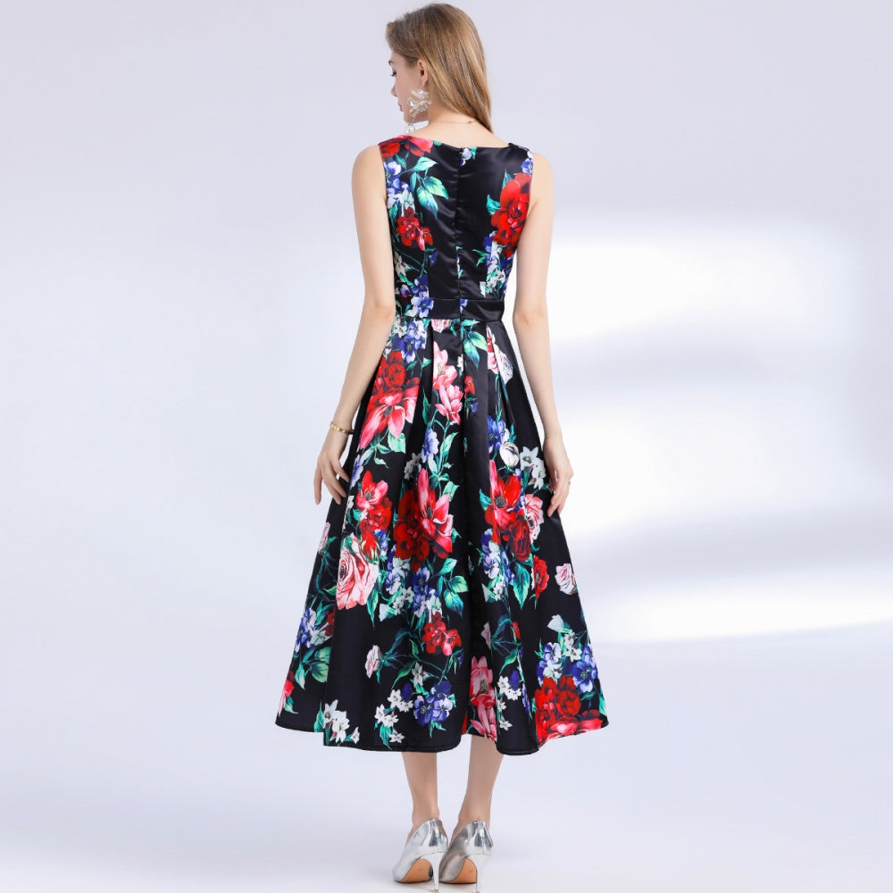 CM-DY048395 Women Elegant European Style Round Neck Sleeveless Pinched Waist Floral Print A-Line Dress