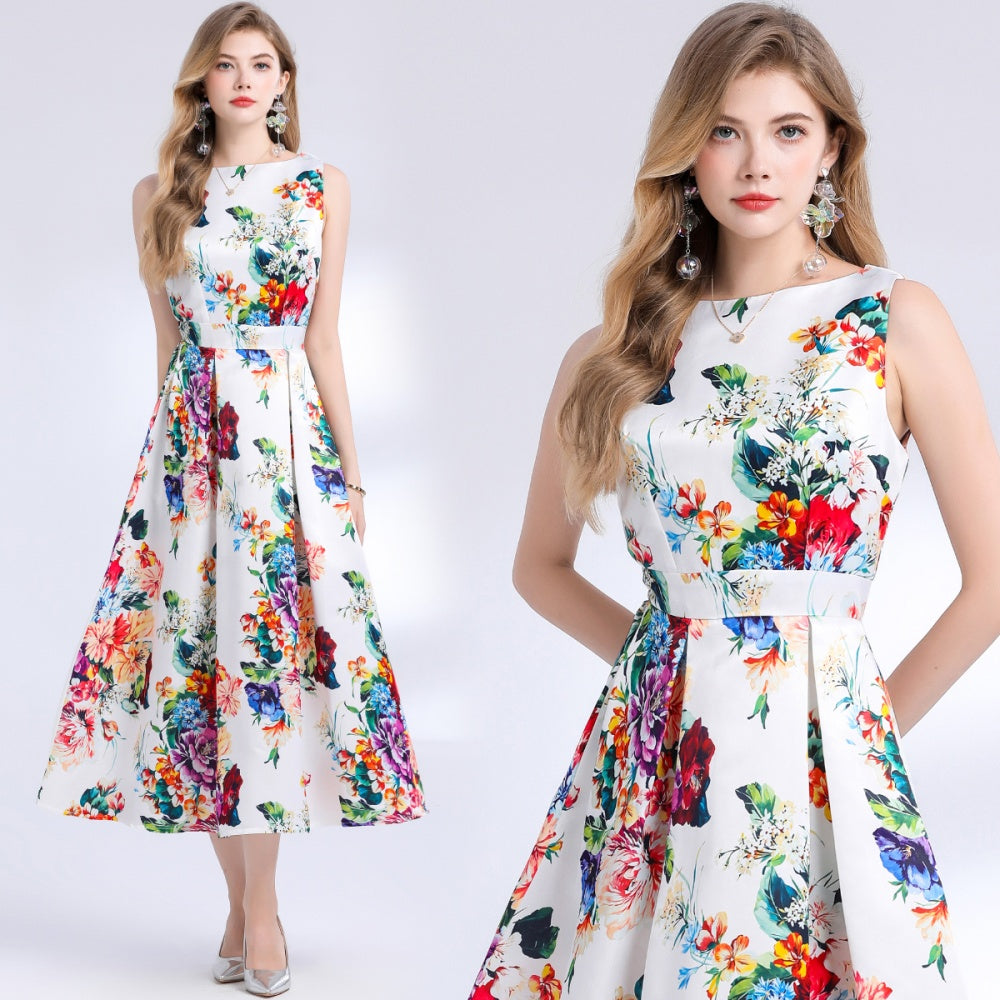 CM-DY048396 Women Elegant European Style Round Neck Sleeveless Pinched Waist Floral Print A-Line Dress
