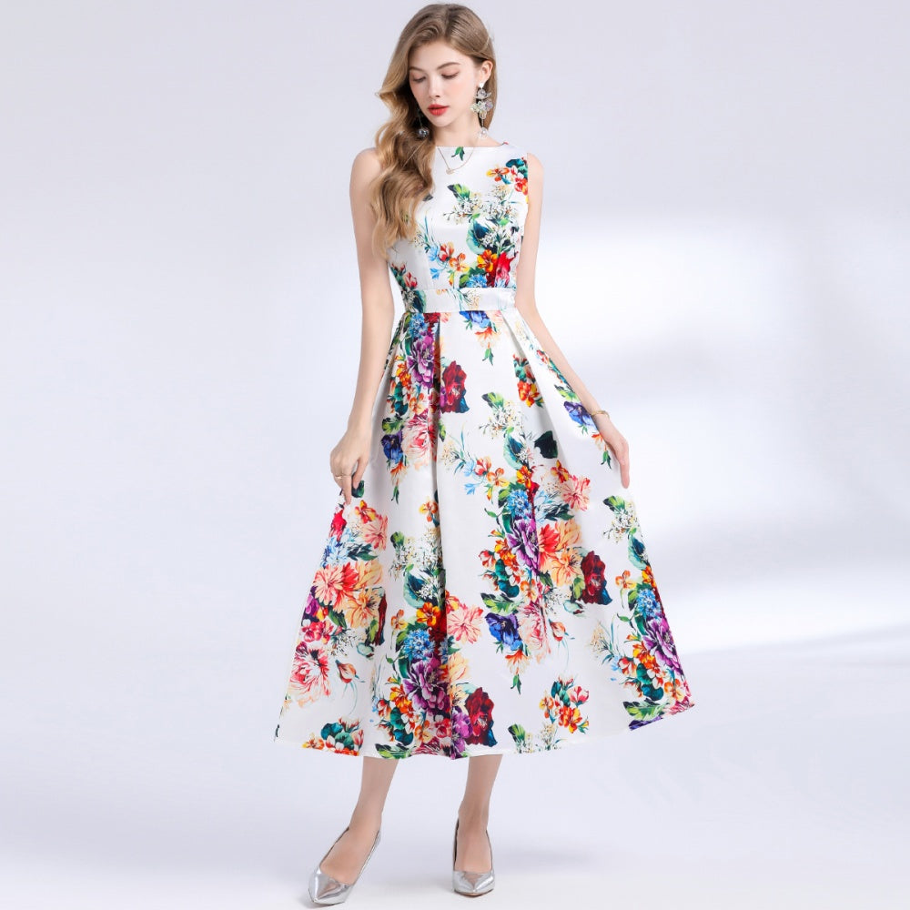 CM-DY048396 Women Elegant European Style Round Neck Sleeveless Pinched Waist Floral Print A-Line Dress