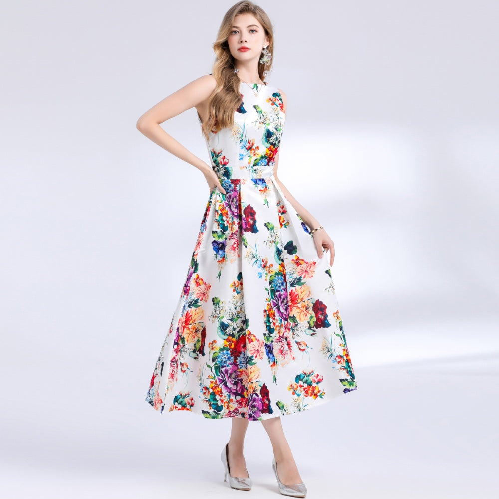 CM-DY048396 Women Elegant European Style Round Neck Sleeveless Pinched Waist Floral Print A-Line Dress