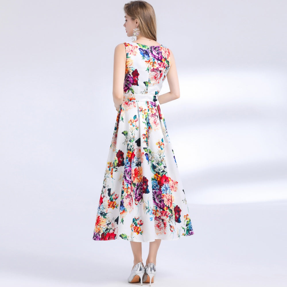 CM-DY048396 Women Elegant European Style Round Neck Sleeveless Pinched Waist Floral Print A-Line Dress