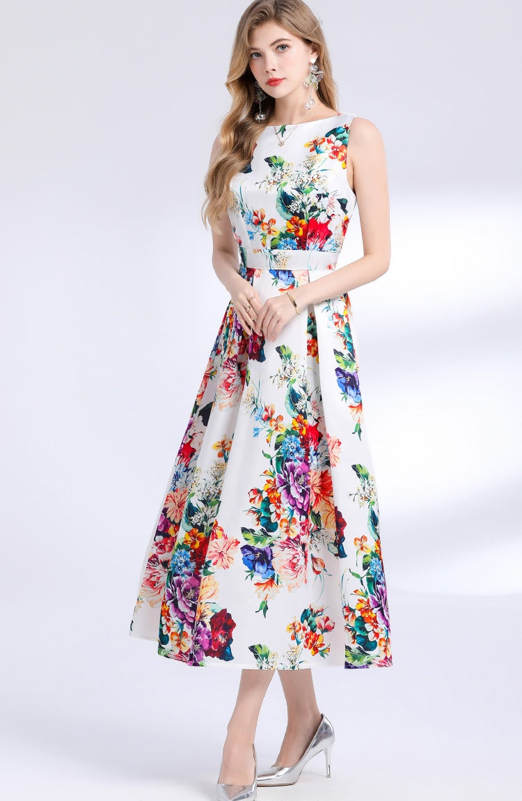 CM-DY048396 Women Elegant European Style Round Neck Sleeveless Pinched Waist Floral Print A-Line Dress