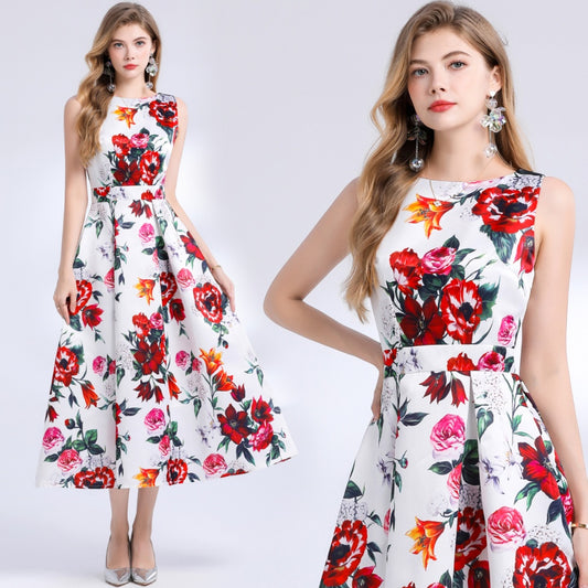 CM-DY048397 Women Elegant European Style Round Neck Sleeveless Pinched Waist Floral Print A-Line Dress