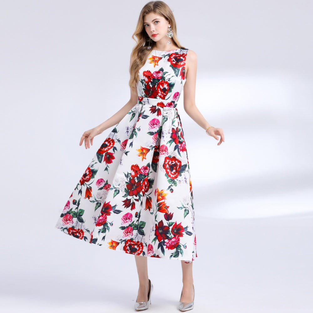 CM-DY048397 Women Elegant European Style Round Neck Sleeveless Pinched Waist Floral Print A-Line Dress