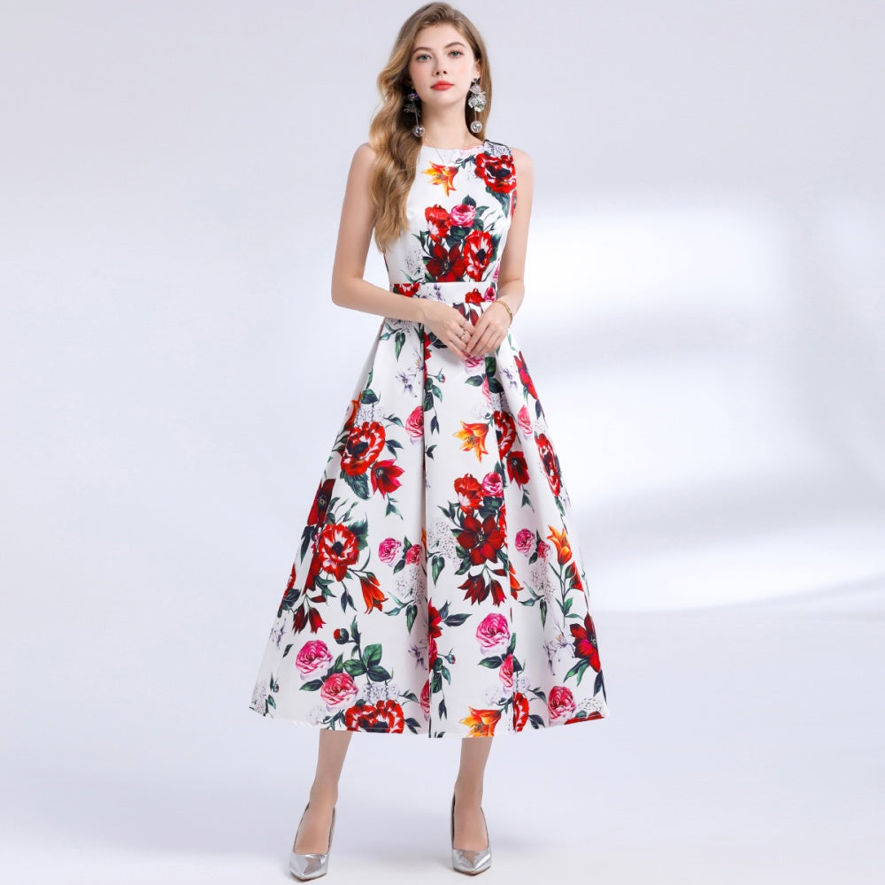 CM-DY048397 Women Elegant European Style Round Neck Sleeveless Pinched Waist Floral Print A-Line Dress