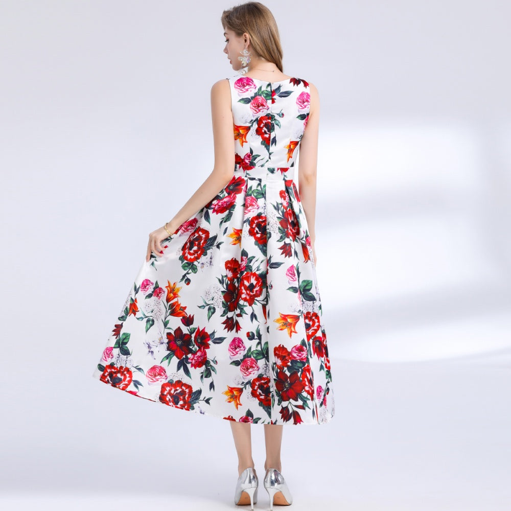 CM-DY048397 Women Elegant European Style Round Neck Sleeveless Pinched Waist Floral Print A-Line Dress
