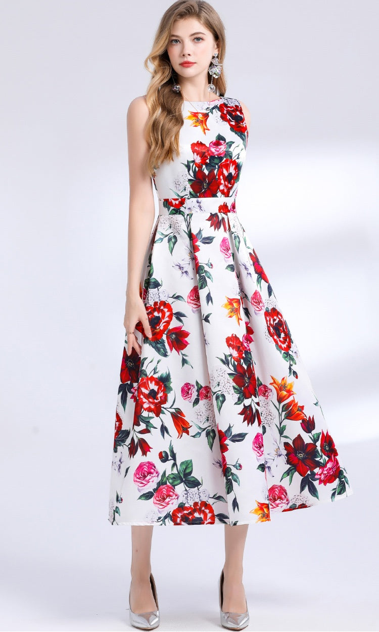 CM-DY048397 Women Elegant European Style Round Neck Sleeveless Pinched Waist Floral Print A-Line Dress