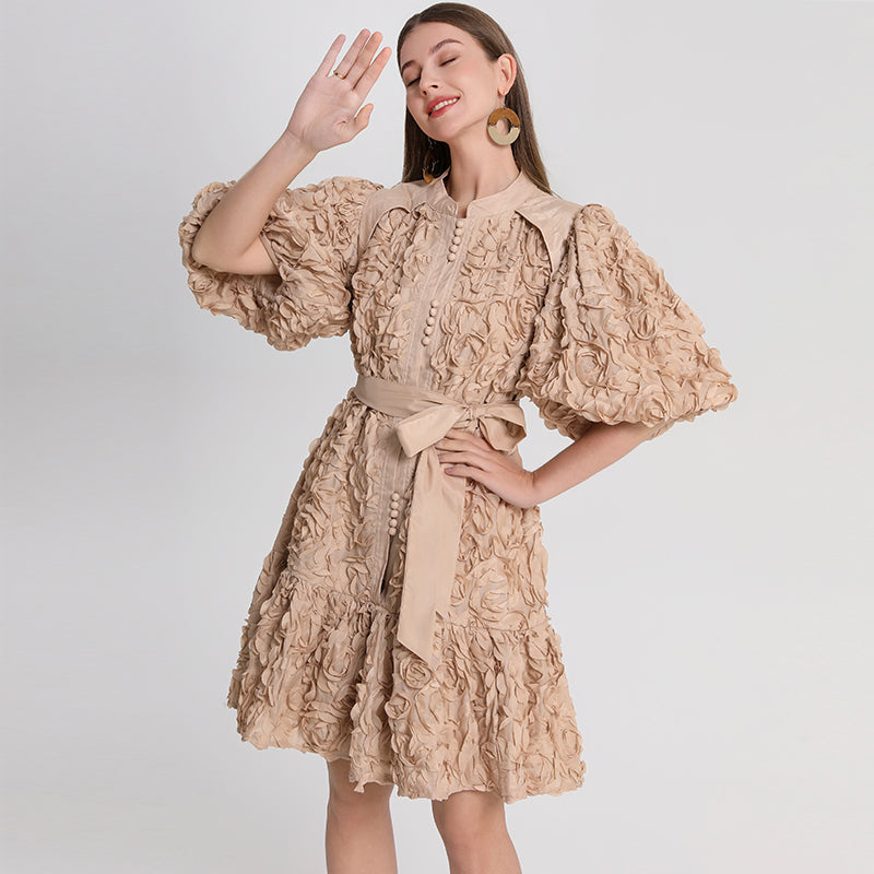 CM-DY048398 Women Elegant European Style Round Neck Lantern Sleeve Loose Short Dress - Khaki
