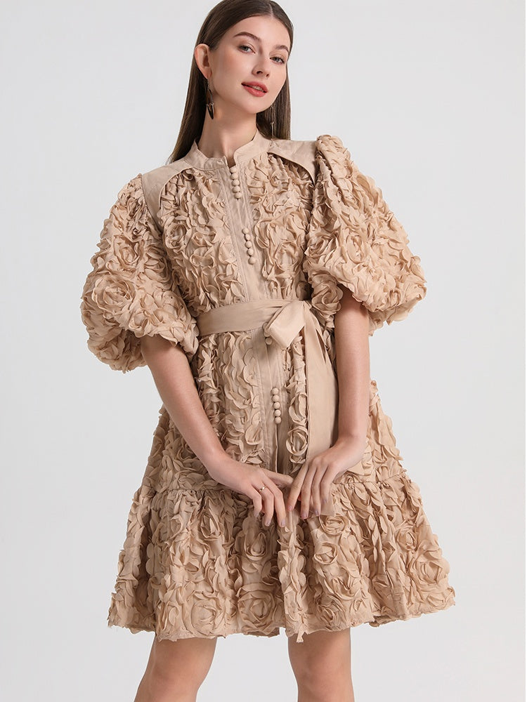 CM-DY048398 Women Elegant European Style Round Neck Lantern Sleeve Loose Short Dress - Khaki