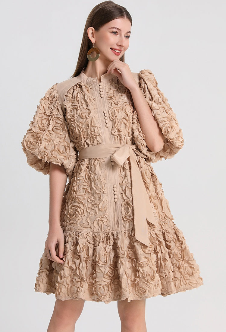 CM-DY048398 Women Elegant European Style Round Neck Lantern Sleeve Loose Short Dress - Khaki
