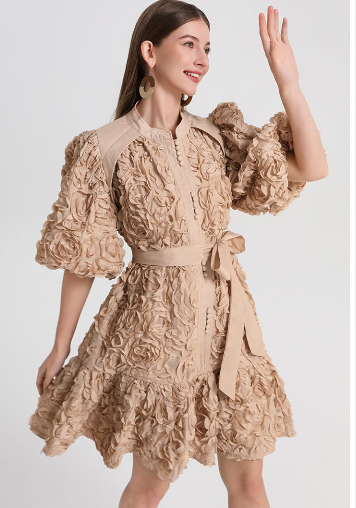 CM-DY048398 Women Elegant European Style Round Neck Lantern Sleeve Loose Short Dress - Khaki