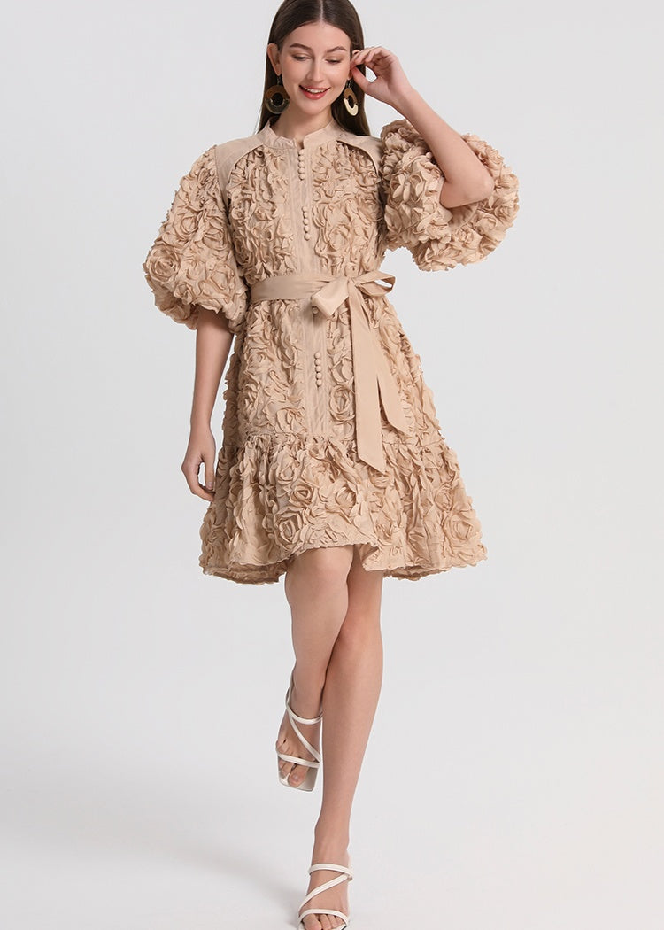 CM-DY048398 Women Elegant European Style Round Neck Lantern Sleeve Loose Short Dress - Khaki