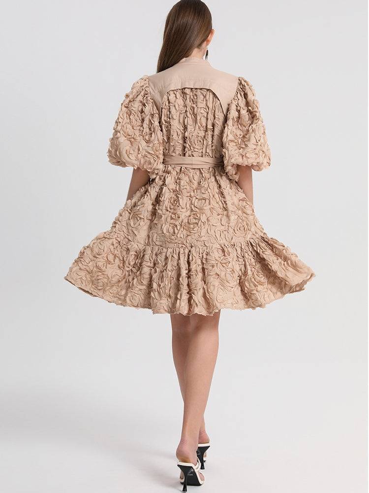 CM-DY048398 Women Elegant European Style Round Neck Lantern Sleeve Loose Short Dress - Khaki