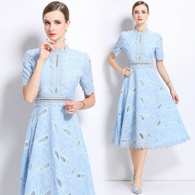 CM-DY048399 Women Elegant European Style Stand Collar Short Sleeve Long Crochet Dress - Sky Blue