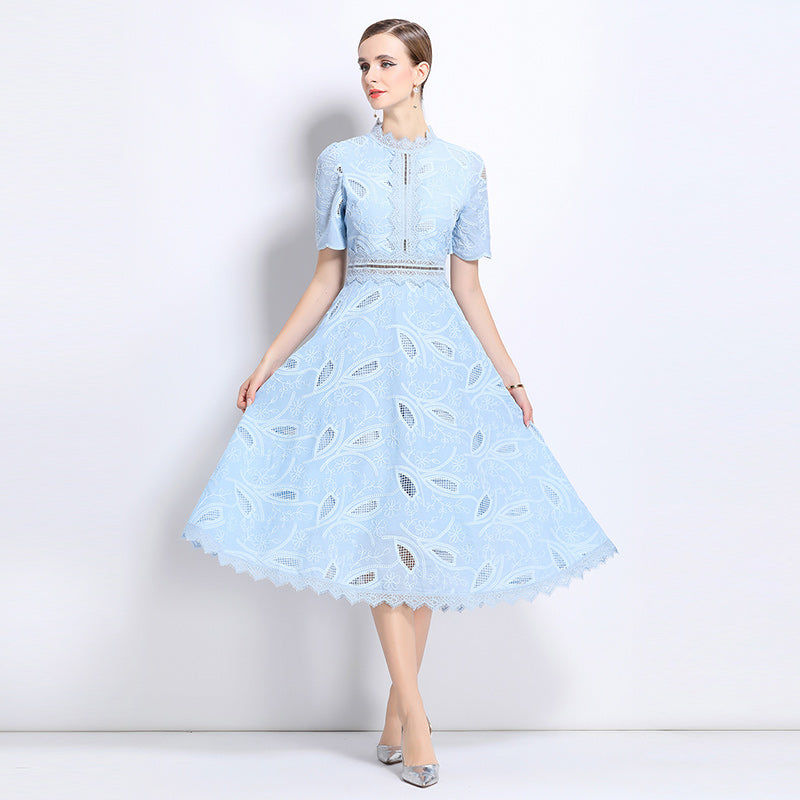 CM-DY048399 Women Elegant European Style Stand Collar Short Sleeve Long Crochet Dress - Sky Blue