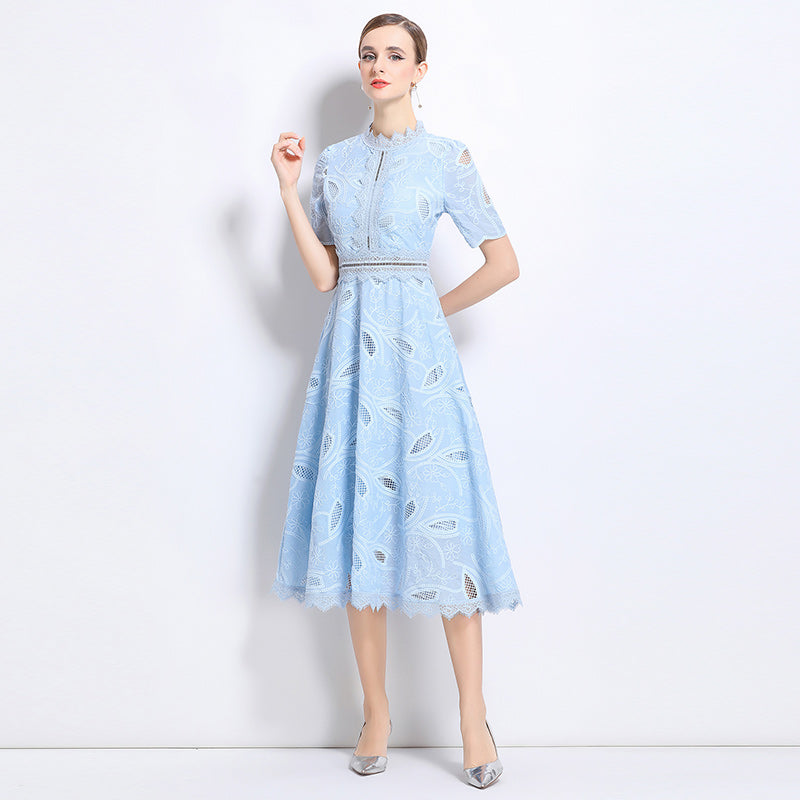 CM-DY048399 Women Elegant European Style Stand Collar Short Sleeve Long Crochet Dress - Sky Blue