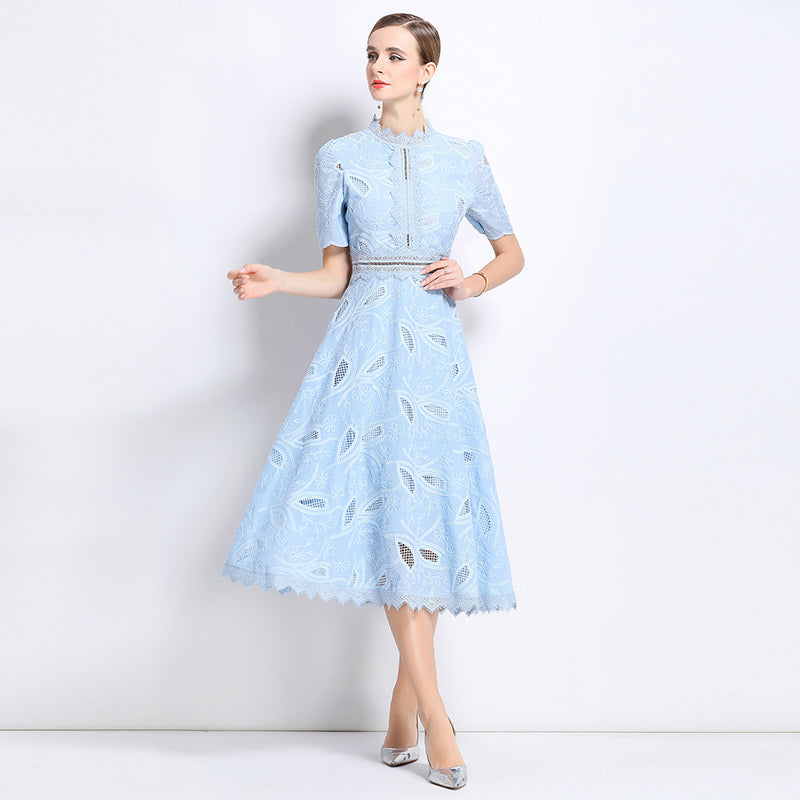 CM-DY048399 Women Elegant European Style Stand Collar Short Sleeve Long Crochet Dress - Sky Blue