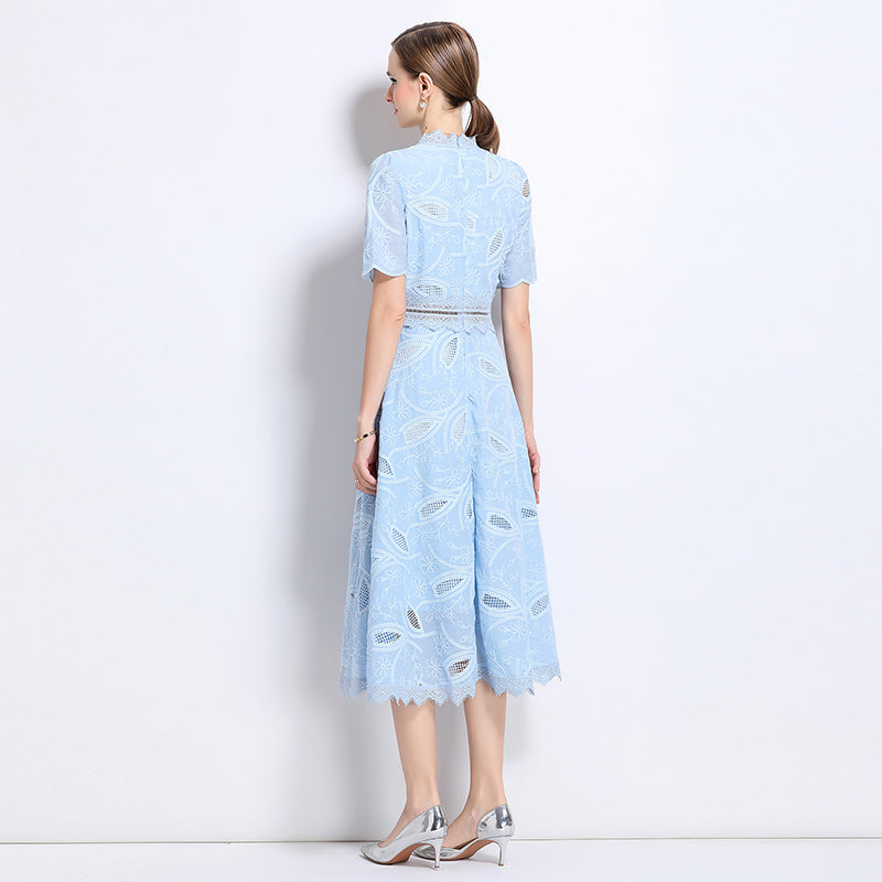 CM-DY048399 Women Elegant European Style Stand Collar Short Sleeve Long Crochet Dress - Sky Blue