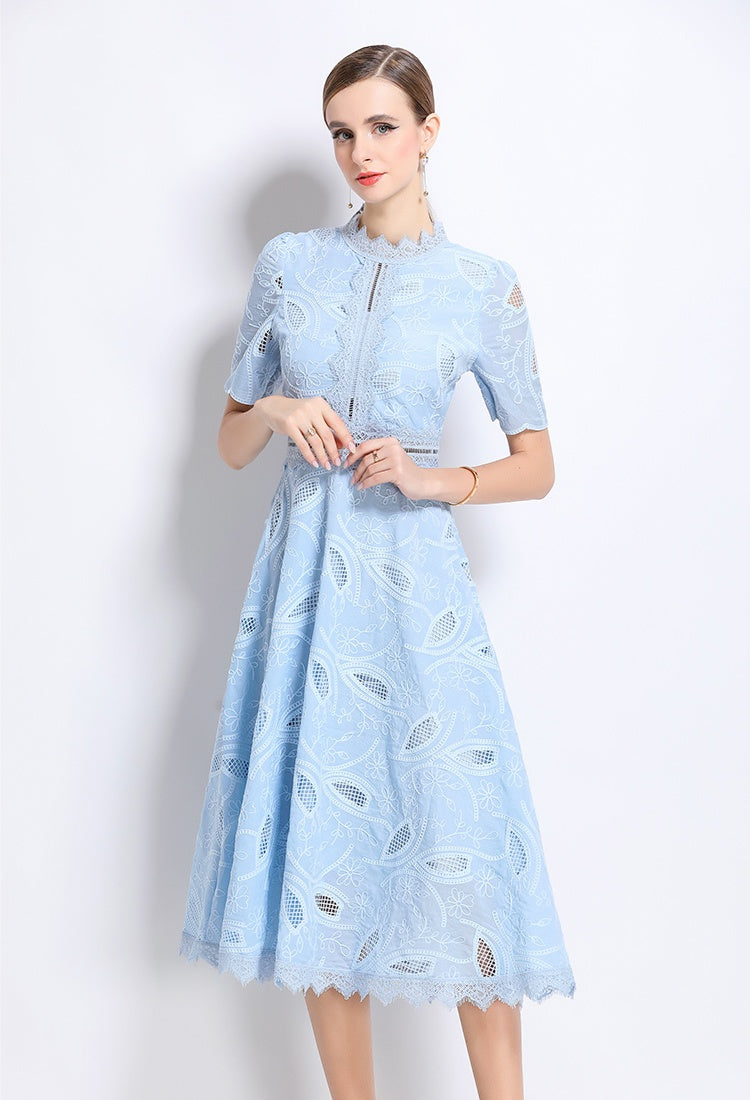 CM-DY048399 Women Elegant European Style Stand Collar Short Sleeve Long Crochet Dress - Sky Blue