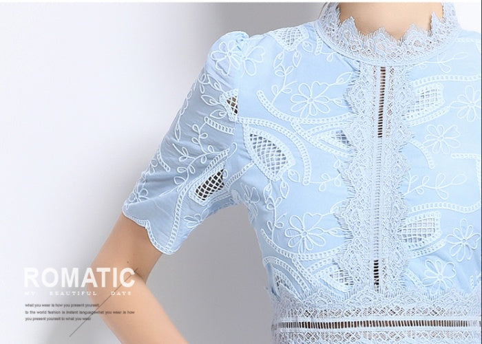 CM-DY048399 Women Elegant European Style Stand Collar Short Sleeve Long Crochet Dress - Sky Blue