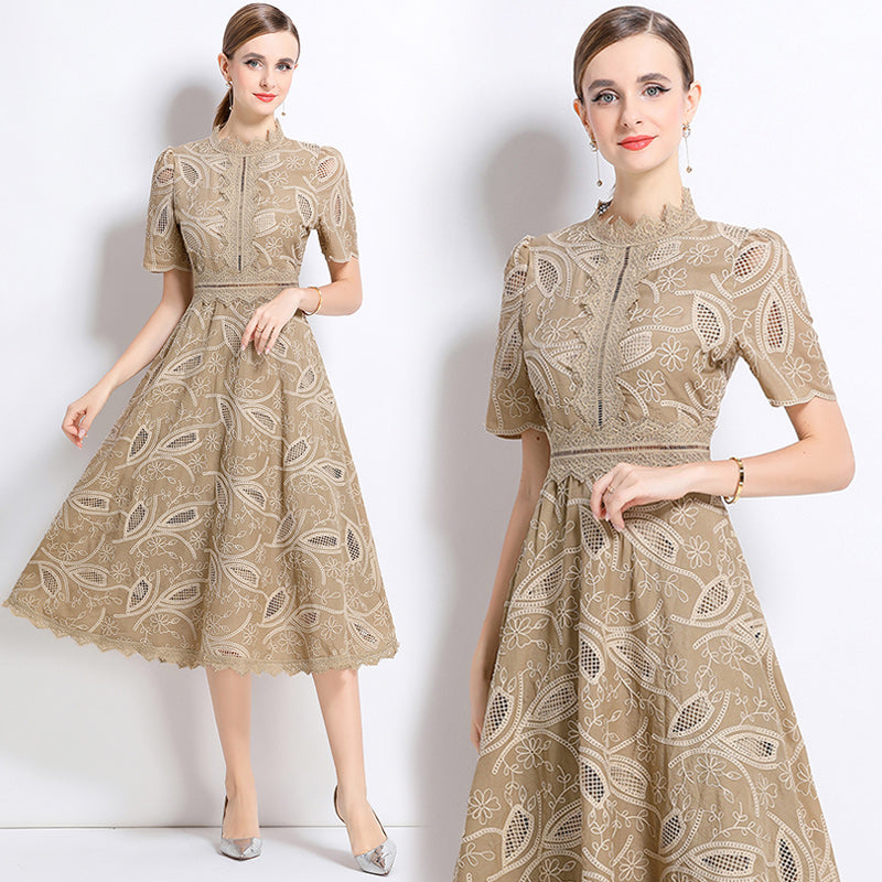 CM-DY048400 Women Elegant European Style Stand Collar Short Sleeve Long Crochet Dress - Camel