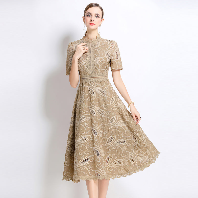 CM-DY048400 Women Elegant European Style Stand Collar Short Sleeve Long Crochet Dress - Camel