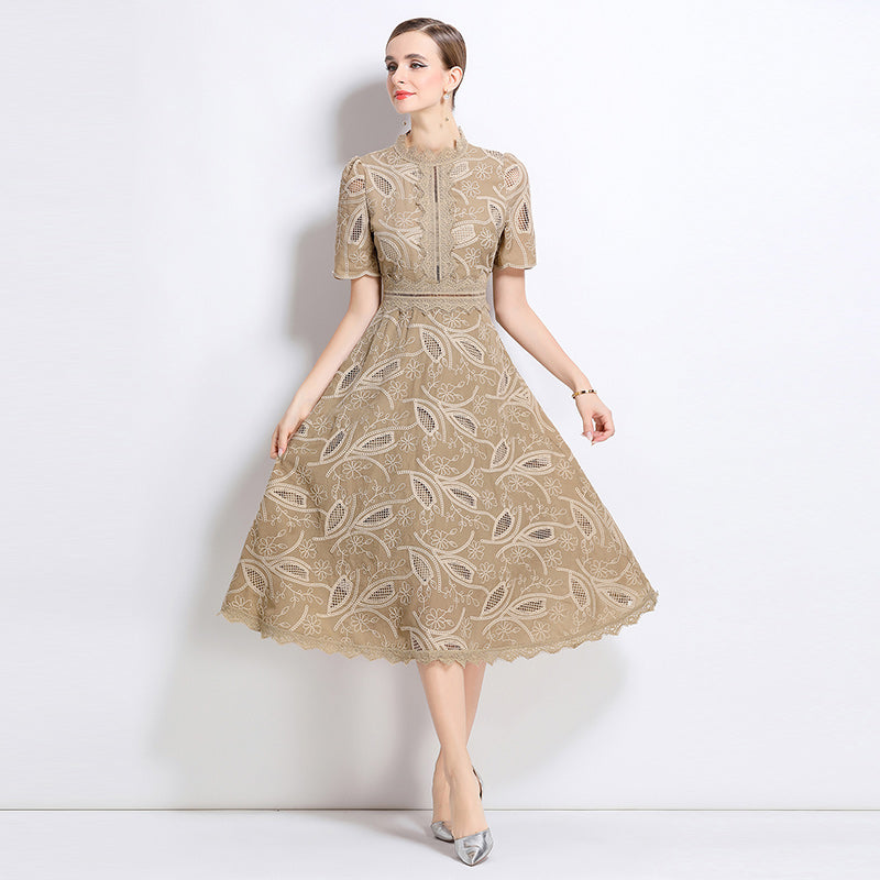 CM-DY048400 Women Elegant European Style Stand Collar Short Sleeve Long Crochet Dress - Camel