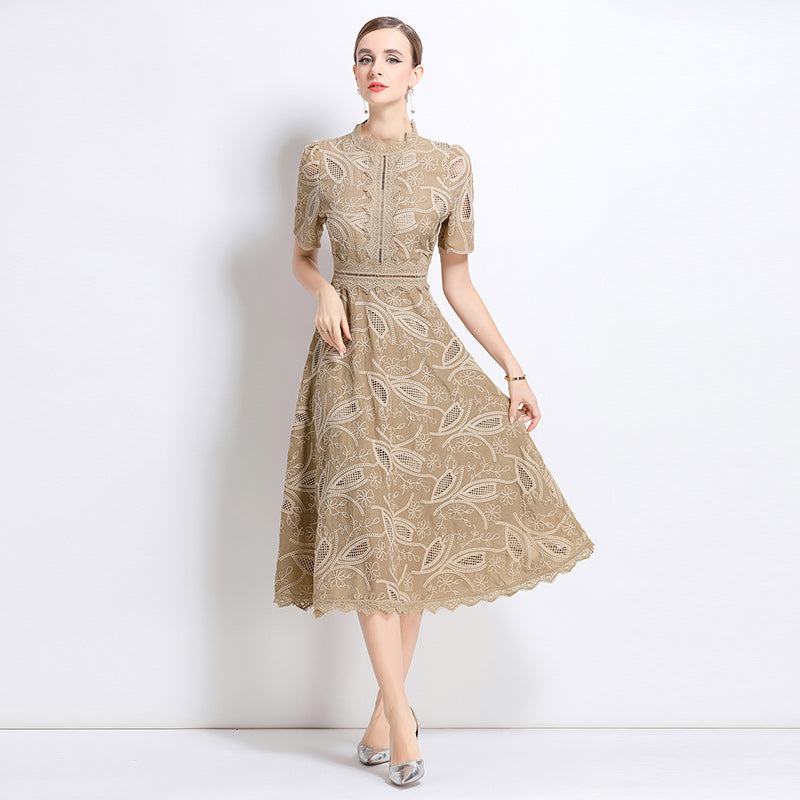 CM-DY048400 Women Elegant European Style Stand Collar Short Sleeve Long Crochet Dress - Camel