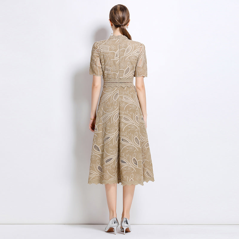 CM-DY048400 Women Elegant European Style Stand Collar Short Sleeve Long Crochet Dress - Camel